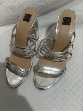 White House Black Market Metallic Silver Multi-Strap Heeled Slides